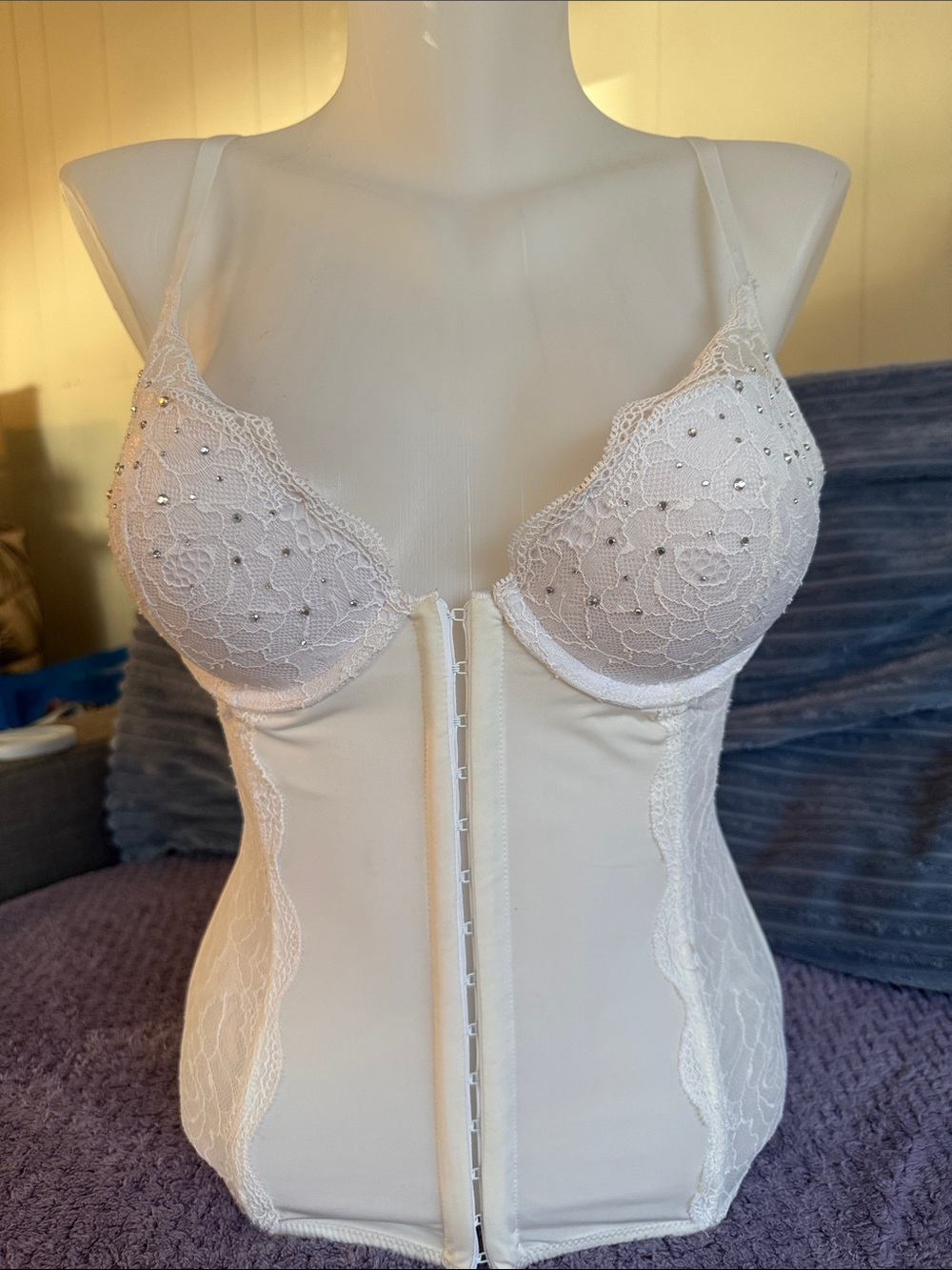 White Lace Bustier Corset Top with Built-In Cups and Rhinestones